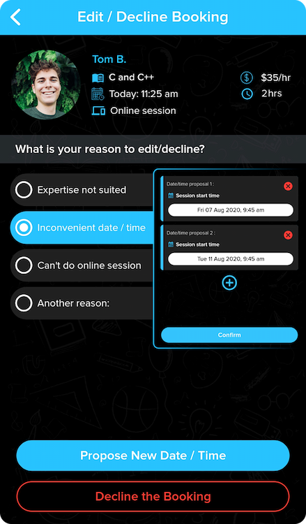 Platute Tutor App - Edit Booking